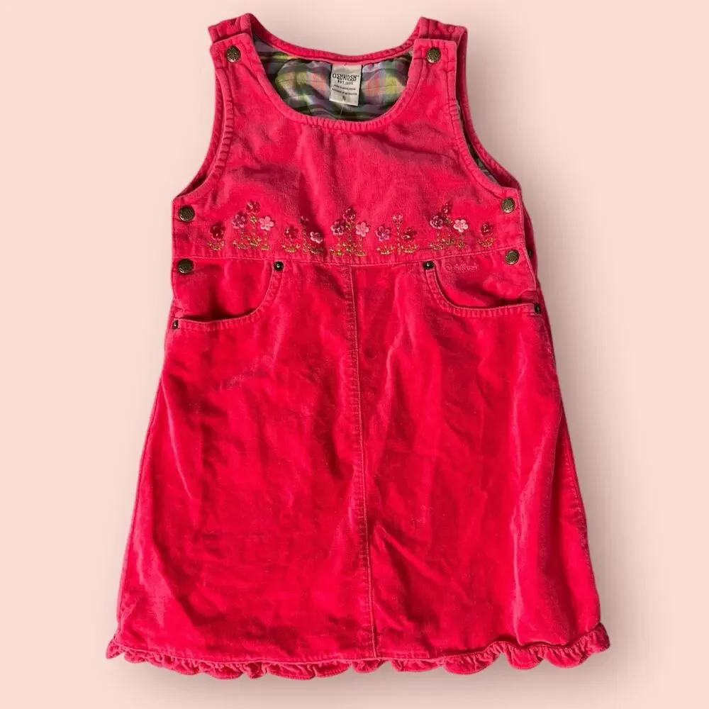 Vtg Oshkosh Velour Overall Pink Dress Girls XS 5T Embroidered Ruffle Velvet